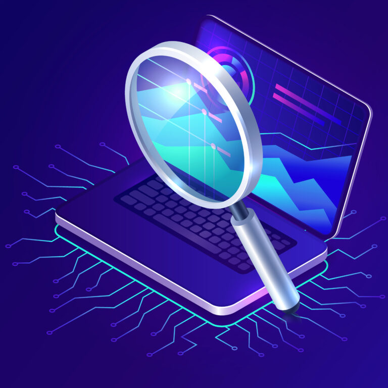 Data analysis, search engine optimization or SEO isometric concept vector illustration. Large magnifier and open laptop with charts and graphs on the screen, business technology ultraviolet banner